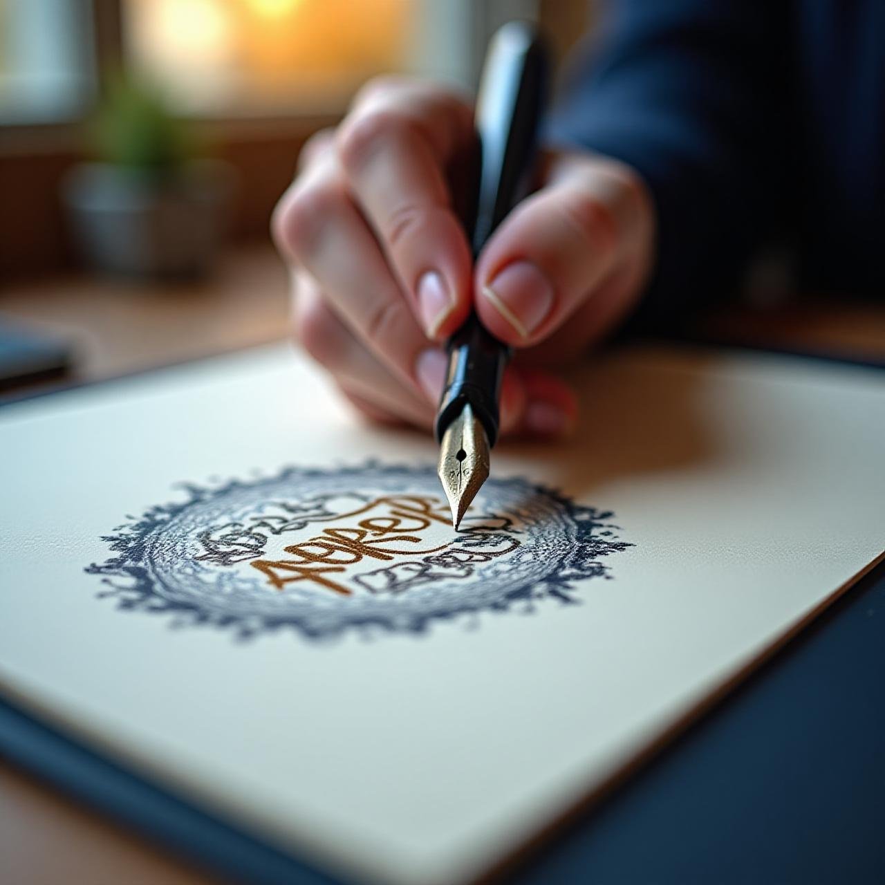 Close up of a professional calligrapher designing a modern corporate logo with a fountain pen