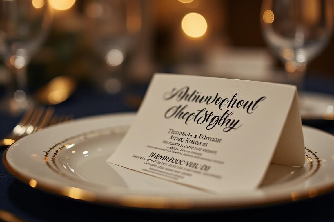 Event table setting with calligraphed place cards and menu
